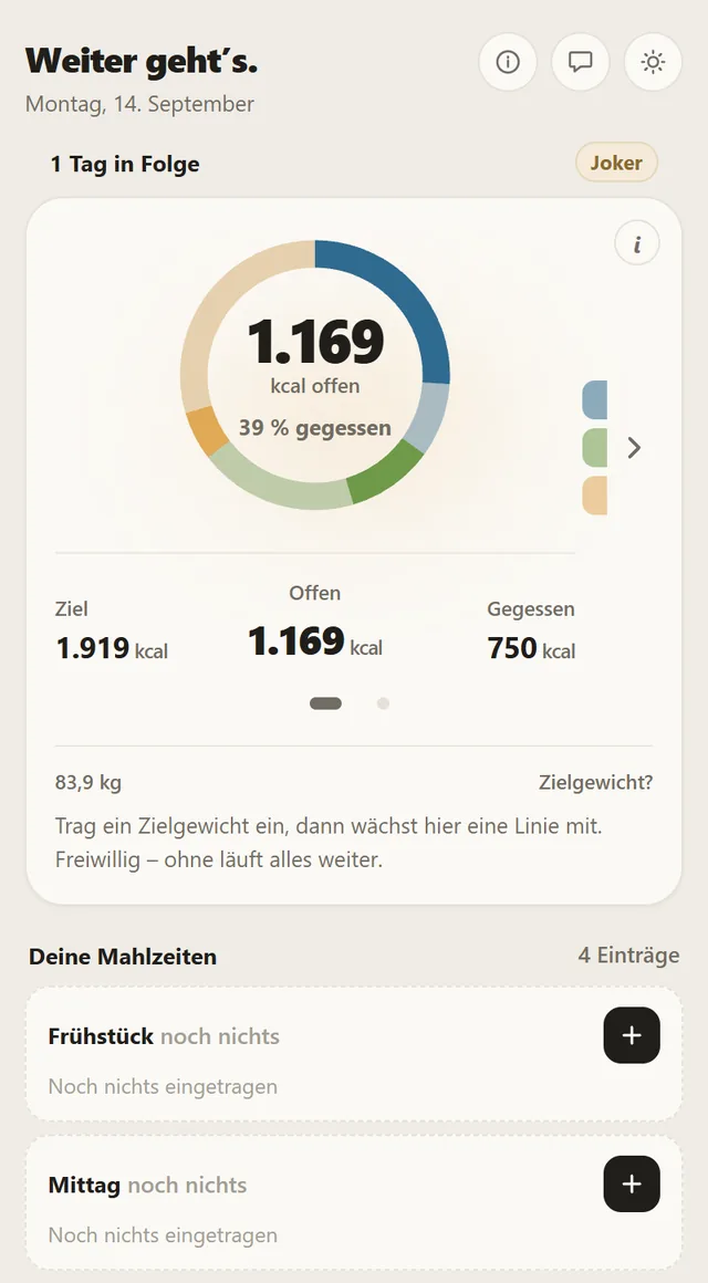 Der Heute-Bildschirm von Kalonaut: ein Ring zeigt 1.169 kcal offen bei einem Ziel von 1.919 kcal, darunter die Mahlzeiten des Tages.